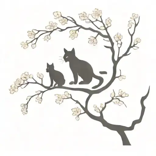 Two Black Cat Silhouettes In Cherry Blossom Tree