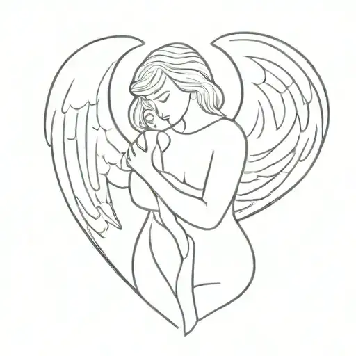 One Line Guardian Angel Holding Girl