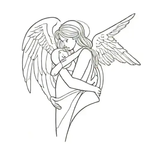 One Line Guardian Angel Holding Girl