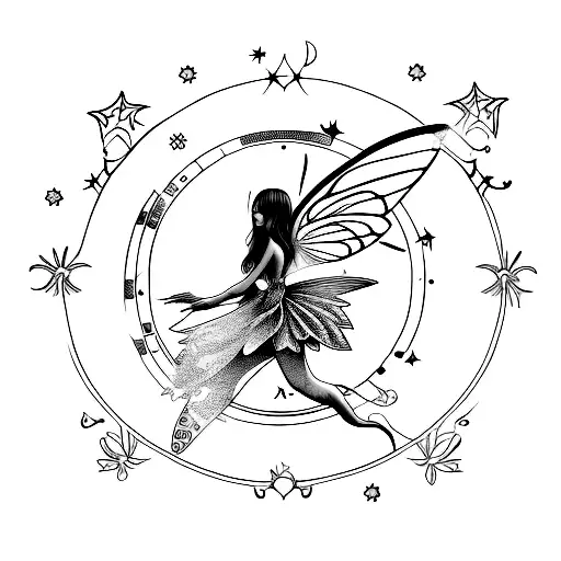 Realistic Fairy Flying With Cancer Zodiac Sign And Stars Tattoo