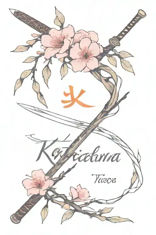 Katana With Sakura Branch With Words Tattoo
