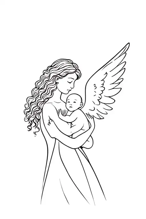 Curly Hair Mom Holding Baby Angel Tattoo