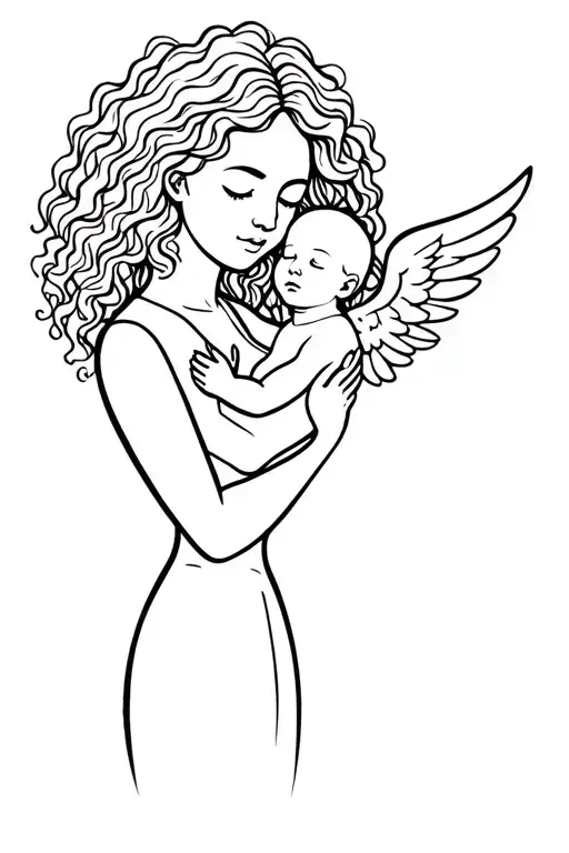 Simple Curly Hair Mom Holding Baby Angel Tattoo