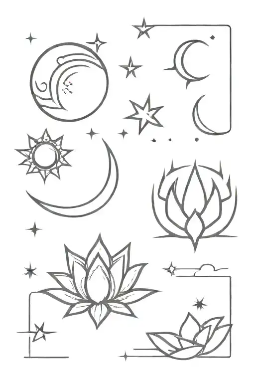 Moon And Star And Sun And Lotus And Unalome Symbol