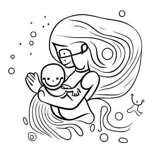 A Midwife Holding A Baby With Soft Strokes And Waves Flowing Around Them
