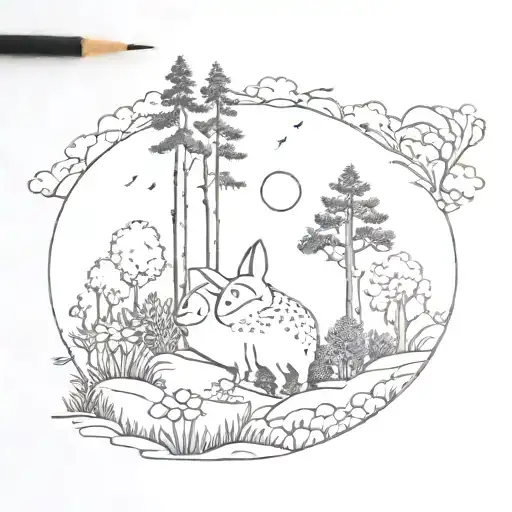 A Studio Ghibli Inspired Tattoo Of A Peaceful Forest Scene With Intricate Dotwork Details