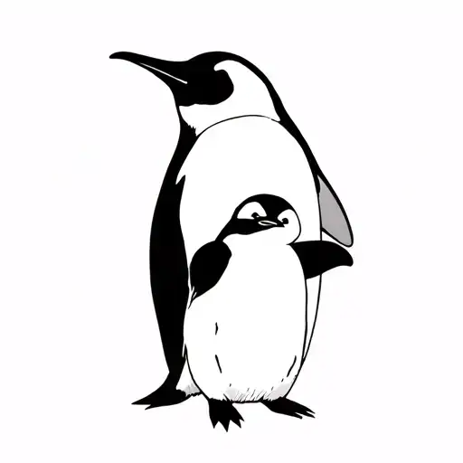 An Adult Penguin Hugging A Baby Penguin