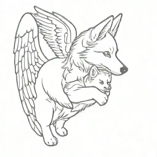 An Little Angel With Wings Hold A Little Husky Dog Tattoo