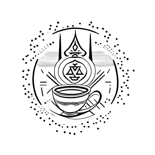 A Minimalist Tattoo Of A Coffee Cup With A Buddhist Mantra Written On It