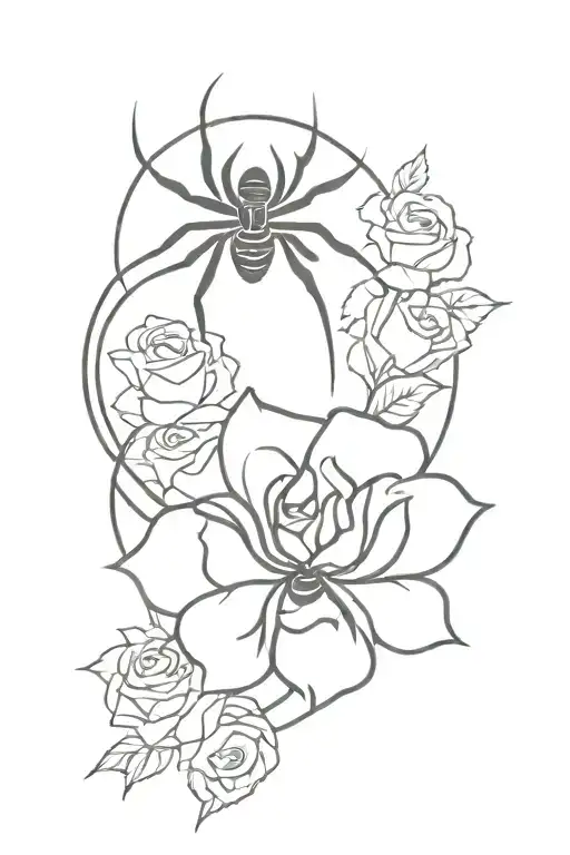 A Minimalistic Spider Symbol Tattoo With Roses Added