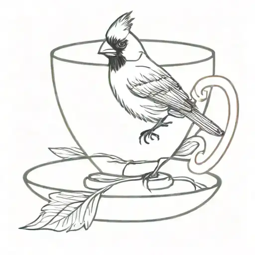Red Cardinal Bird Rested On The Rim Of A Teacup To The Left