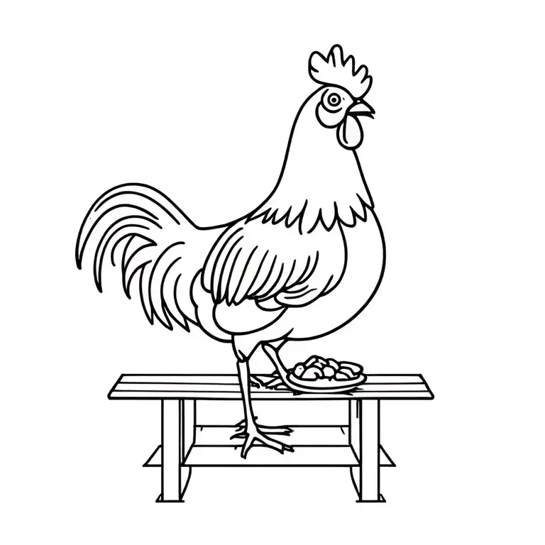Rooster Standing On Park Bench Eating Food
