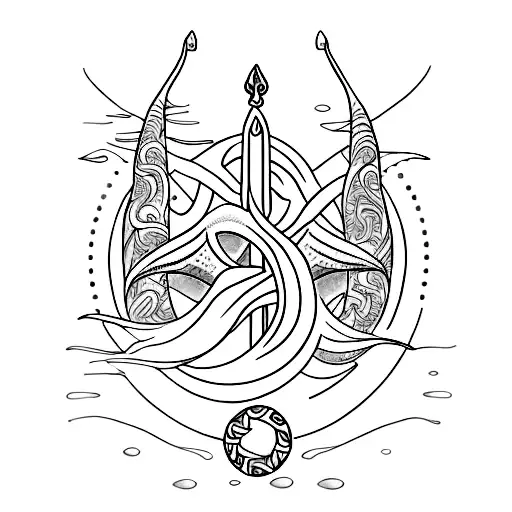 A Trident Tattoo With Some Kind Of Sea Or Form Of Water Behind