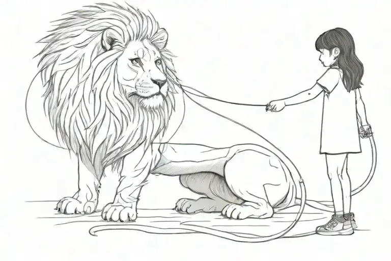 Little Girl Behaves On A Lion's Leash Being Held