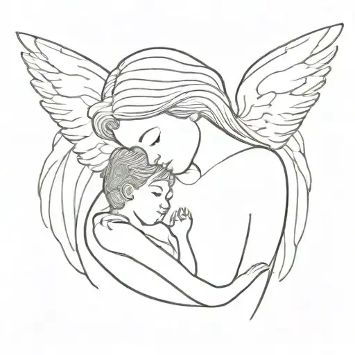 An Angel Embracing A Mother And Son In A Minimalist Style