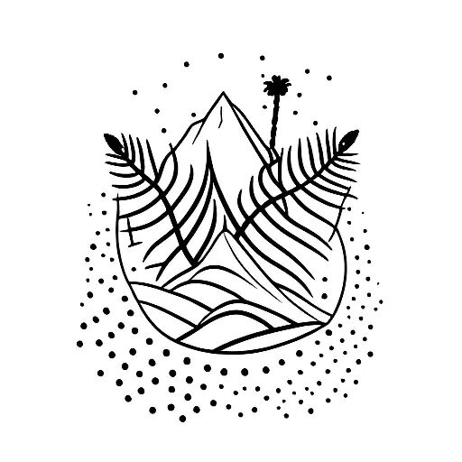 A Dotwork Tattoo Of A Mountain Range With A Palm Tree Silhouette In The Foreground