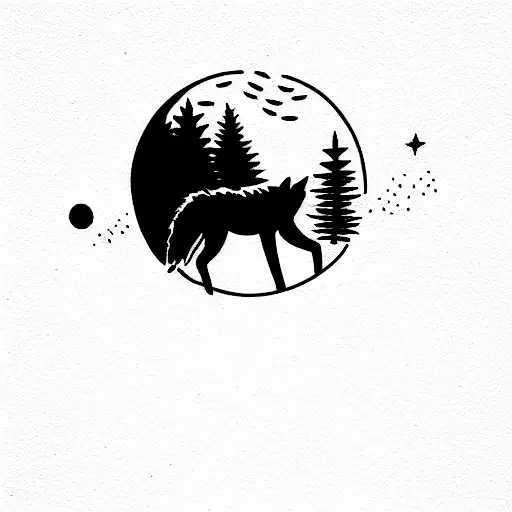 Trees And A Wolf With Full Moon