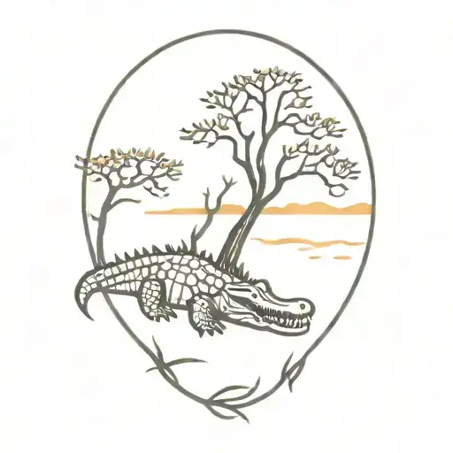 Alligator With Live Oak Tree Sunset