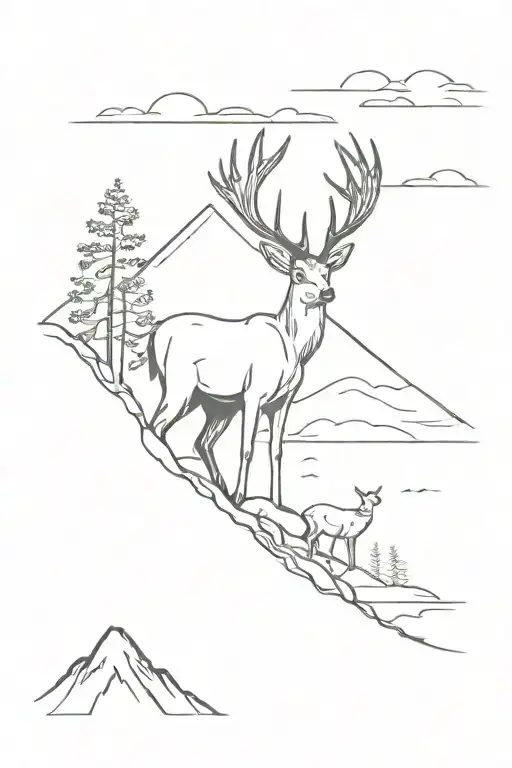 A Minimalist Tattoo Of A Deer Standing In Front Of Mount Fuji