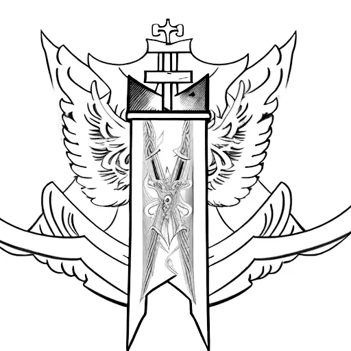 Sword In The Shape Of A Cross With Wings Coming Out Of The Sides And A Halo On Top