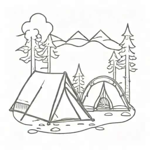 A Minimalist Tattoo Of A Humorous Camping Scene With A Tent And A Campfire