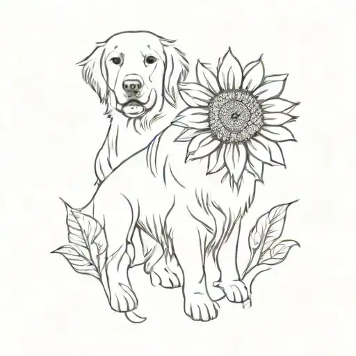 Golden Retriever With Sunflower Growing