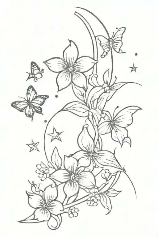 Flowers With Butterflies And Moon And Stars