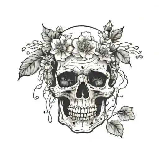 A Blank Skull Face With Soil On The Head And Flowers Growing Out Of The Soil