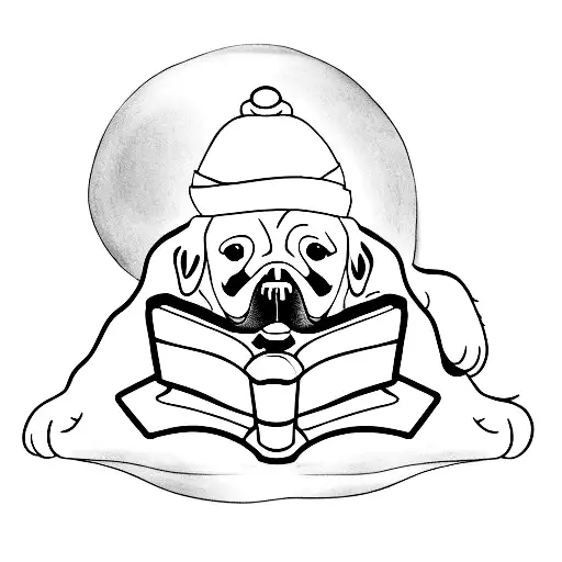 A Minimalist Tattoo Of A Dog Reading A Book On A Beach