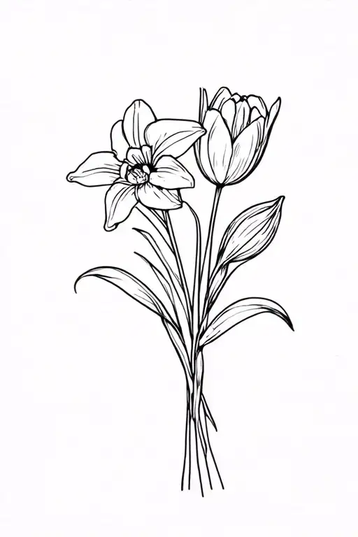 A Small Bouquet Of Flowers Which Include 1 Tulip 1 Lilly 1 Daffodils And 1 Orchid