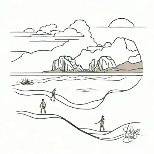 Haystack Rock Out Line With Two Adults Holding A Toddlers Hands