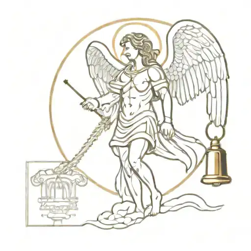 Archangel Saint Michael Ringing A Bell And Small Details In The Background