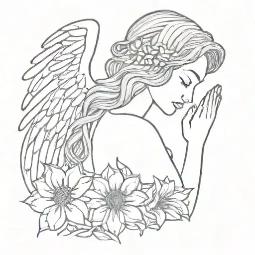 Micro Tattoo Angel Praying With Chrysanthemum In The Hair