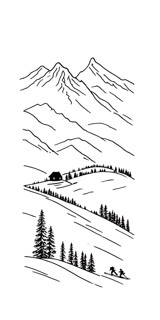 Mont Blanc And Trees And Skiers And Cabin Covered In Snow