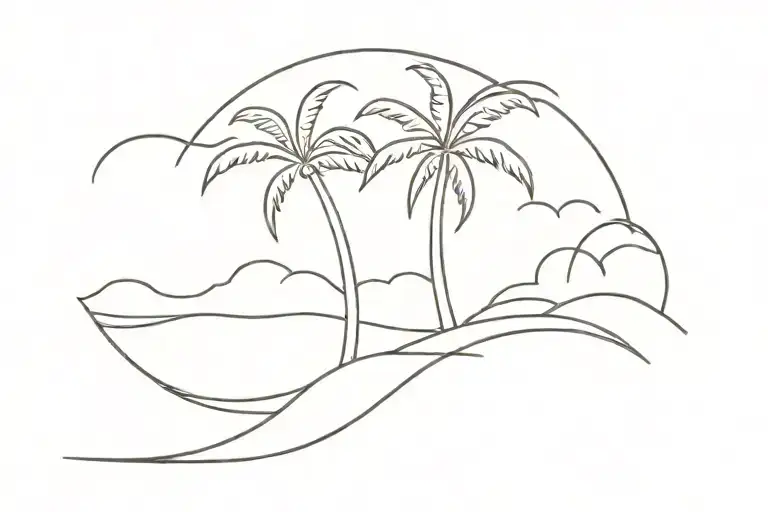 Single Line Palm Tree And Waves Outline