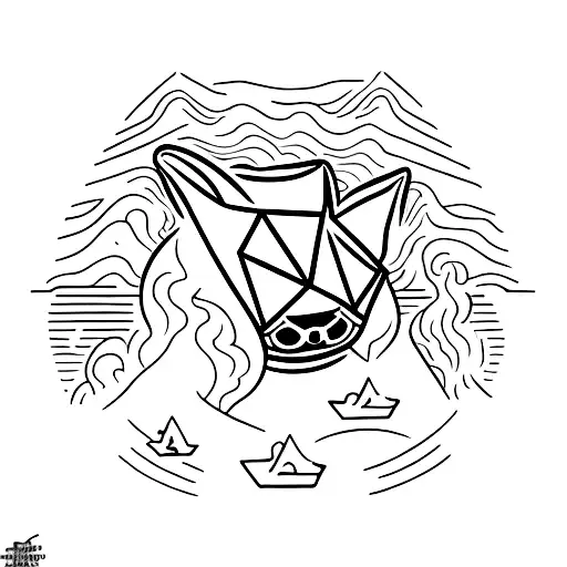 A Minimalist Tattoo Of A Dollar Bill Transforming Into A Cat In Front Of A Volcanic Eruption