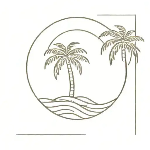 Ocean Waves And A Palm Tree With A Sun Shining