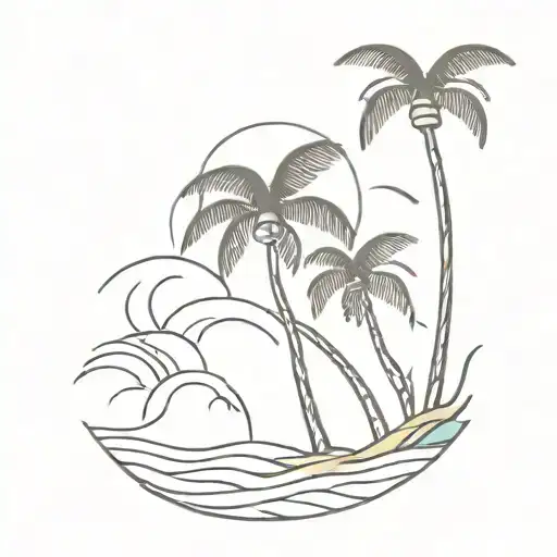 Palm Tree With Ocean Waves On The Beach Sunset