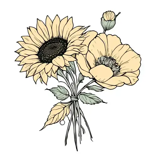Sunflower And Poppys In Bouqet Tied