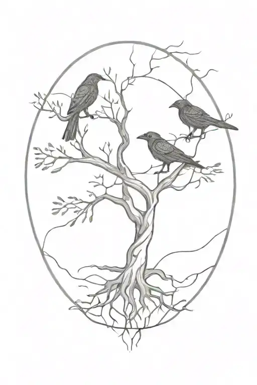 Two Ravens And The Yggdrasil Tree