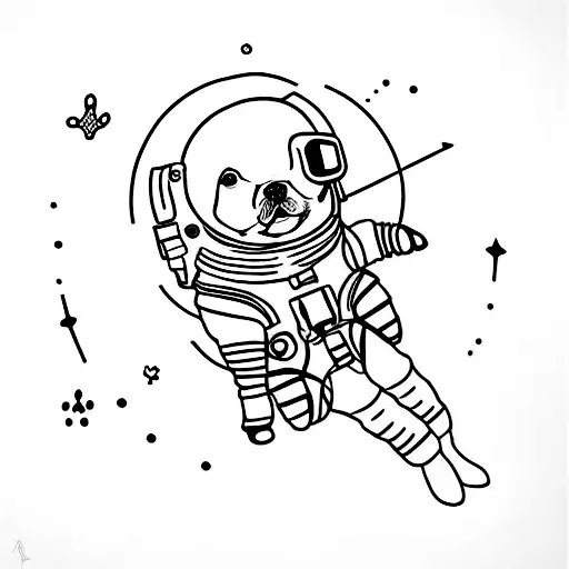 A Minimalist Tattoo Of A Dog Wearing A Space Helmet And Floating In Zero Gravity