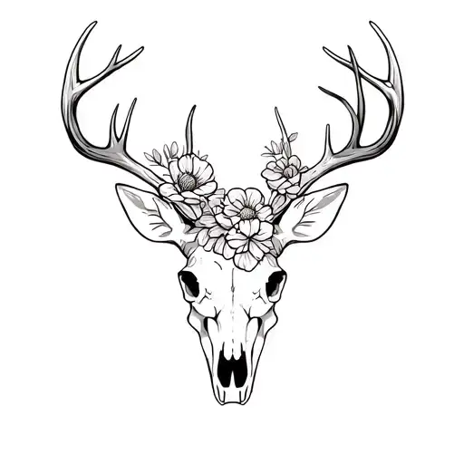 Deer Skull With Flowers Wrapped Around The Antlers