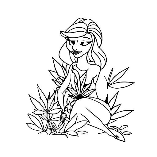A Minimalist Tattoo Of A Disney Princess Sitting Under A Cannabis Leaf Tree