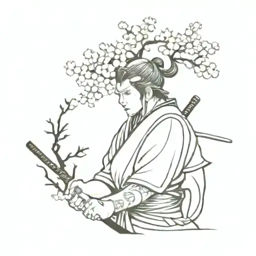Small Samurai Warrior With Cherry Blossom Tree