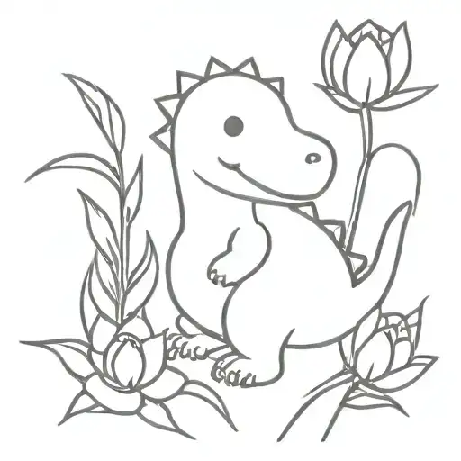 Cute Dinosaur With Tulips And Sunflower