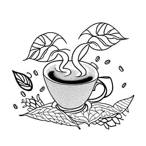 A Dotwork Tattoo Of A Steaming Cup Of Coffee Surrounded By Lush Green Leaves