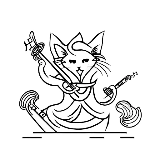 A Minimalist Tattoo Of A Cat Wearing A Martial Arts Uniform And Playing A Violin