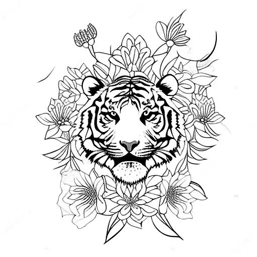 A Full Body Tiger Surrounded By Oriental Lilies And Minimalistic Flowers