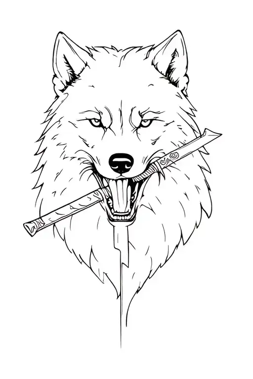A Wolf Holding A Katana Through The Mouth