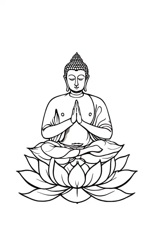 Fineline Buddha With Praying Hands Sitting On A Lotus Flower